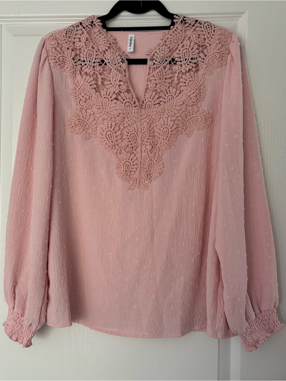 Lace-Trim Long Sleeve Blouse in Soft Pink